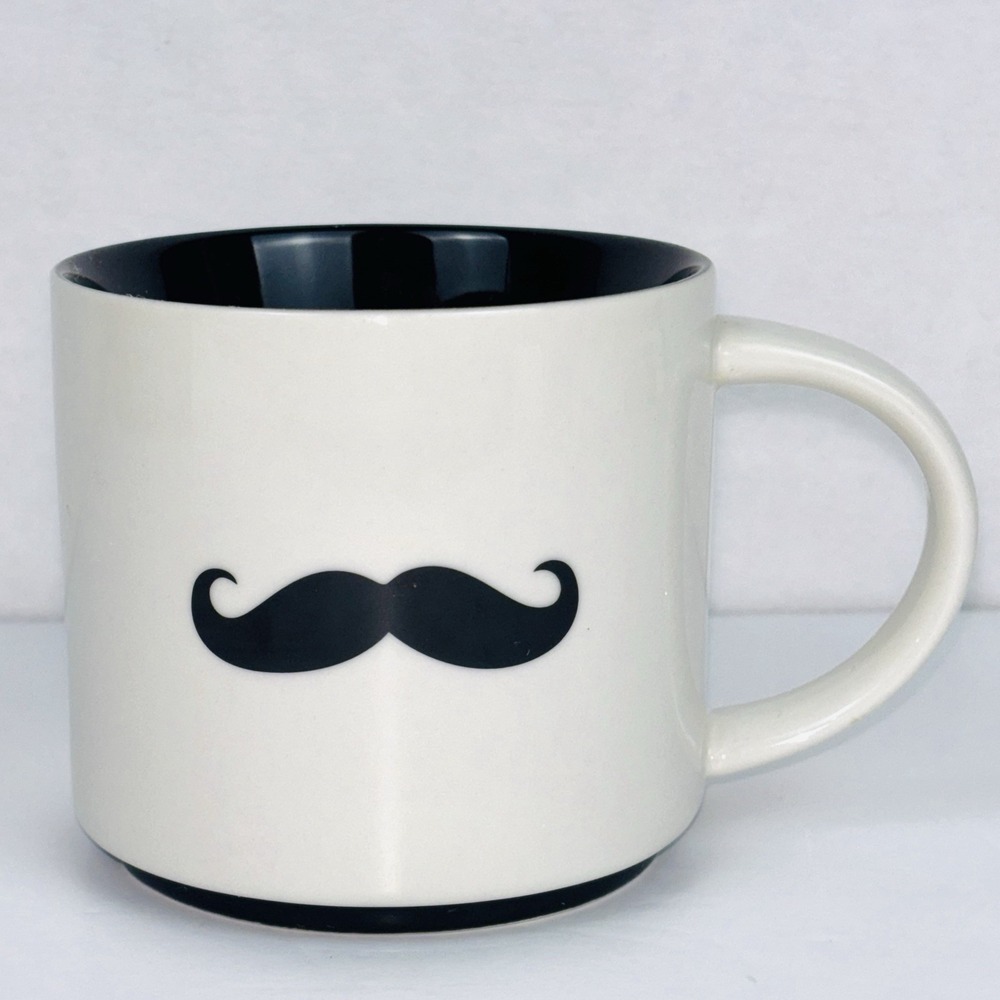 Pier 1 Imports Mustache Coffee Mug Black Ivory White Stoneware Novelty 16 oz